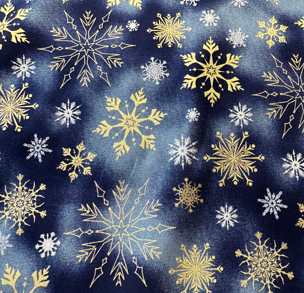 Christmas Fabric - Metallic Gold Snowflakes on Navy Blue - Craft Fabric