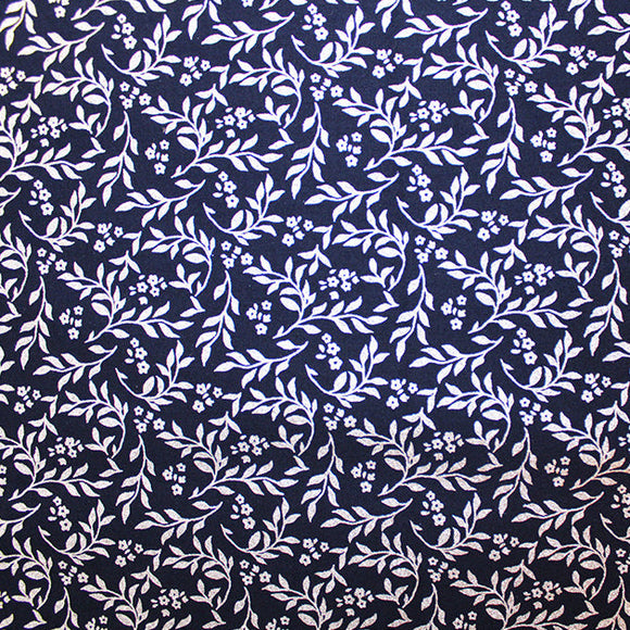 Christmas Fabric - Silver Metallic Leaves on Navy Blue - Craft Fabric