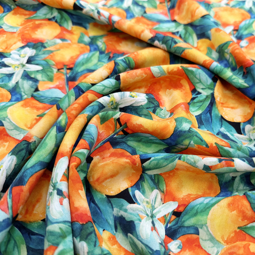 Viscose Fabric - Orange Blossom Watercolour Floral - Dress Fabric Material Metre