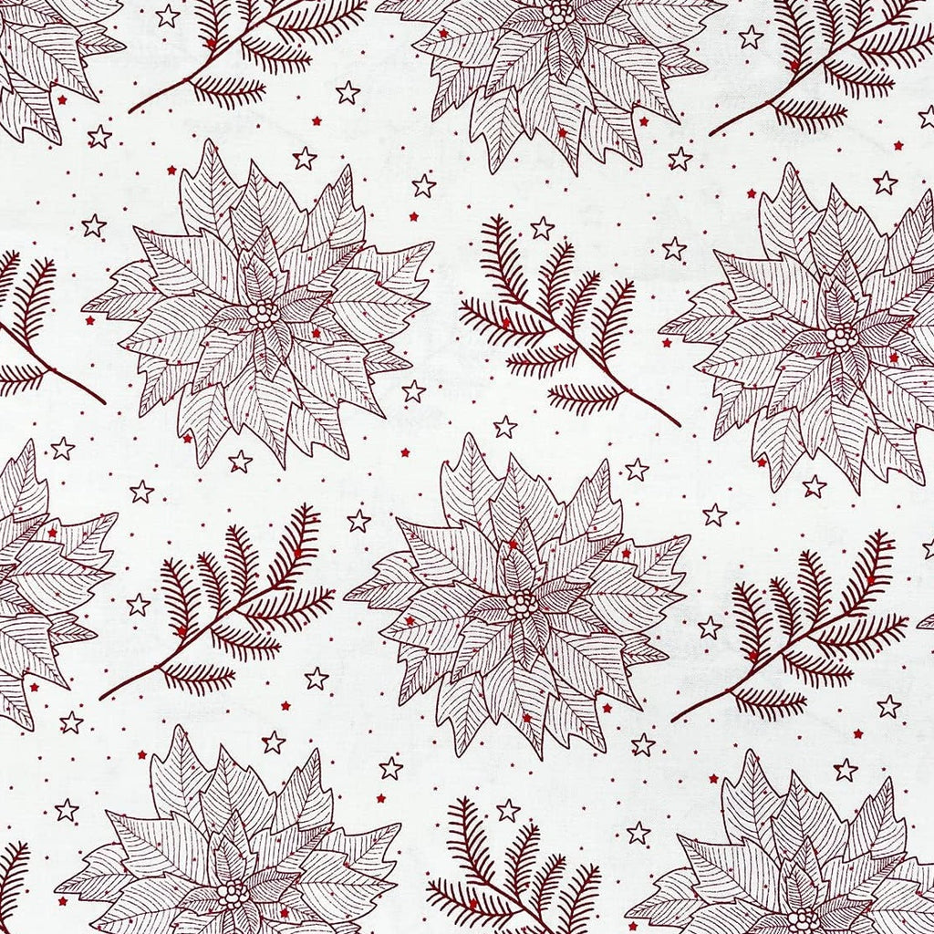 Christmas Fabric -Red Poinsettia Flowers on White - 100% Cotton