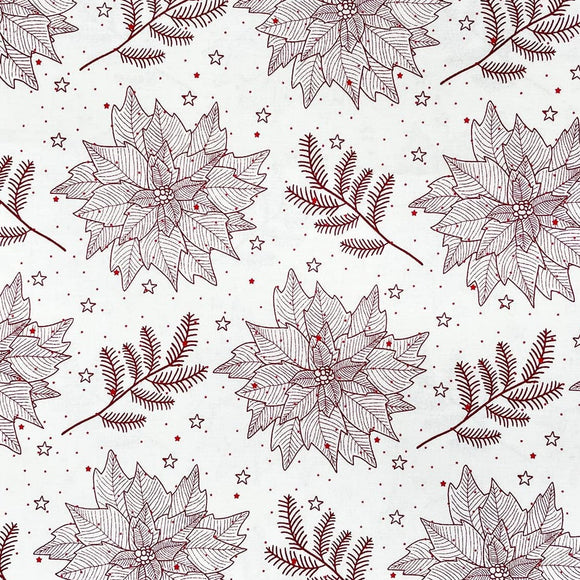 Christmas Fabric -Red Poinsettia Flowers on White - 100% Cotton
