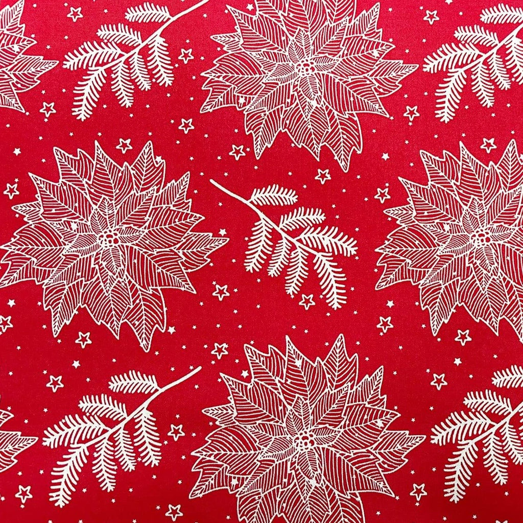 Christmas Fabric -White Poinsettia Flowers on Red - 100% Cotton