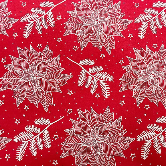 Christmas Fabric -White Poinsettia Flowers on Red - 100% Cotton