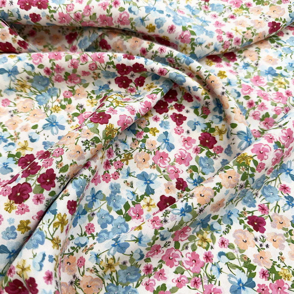 Viscose Fabric - Pink & Blue Blooming Floral - Dress Fabric Material Metre