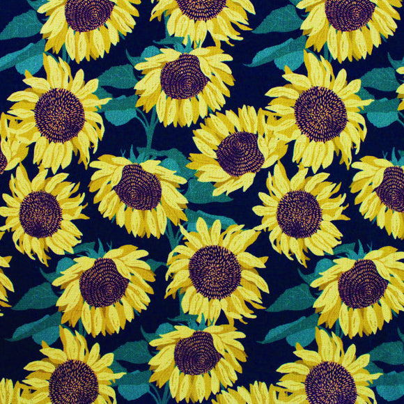 Linen Mix Fabric - Sunflowers on Black