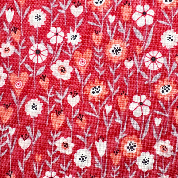 Nutex Fabric - Pretty Red Ditsy Floral Hearts - Cotton Quilting Craft Fabric