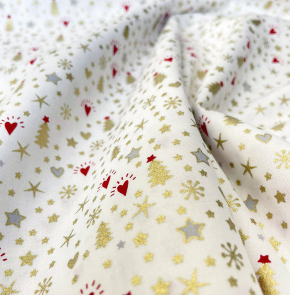 Christmas Fabric - Ivory & Gold Xmas Trees Hearts Stars & Snowflakes - Craft Fabric Material