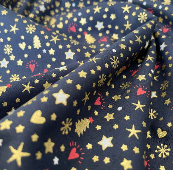 Christmas Fabric - Navy Blue & Gold Xmas Trees Hearts Stars & Snowflakes - Craft Fabric Material