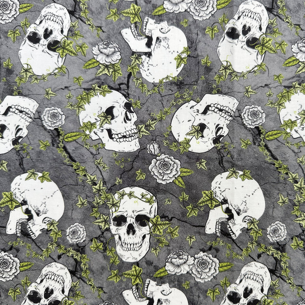 100% Cotton - Skull Duggery Skulls & Ivy on Grey - Nutex Fabric