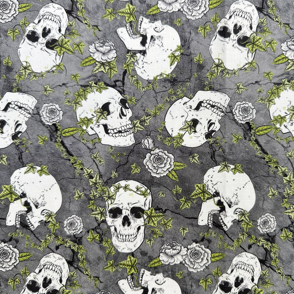 100% Cotton - Skull Duggery Skulls & Ivy on Grey - Nutex Fabric