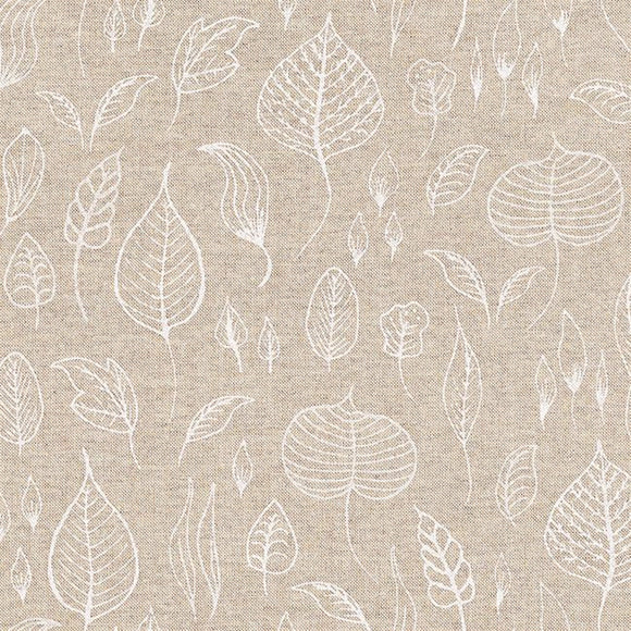 Linen Look Canvas Fabric - White Leaf Print - Upholstery Cushion Curtain Craft Fabric