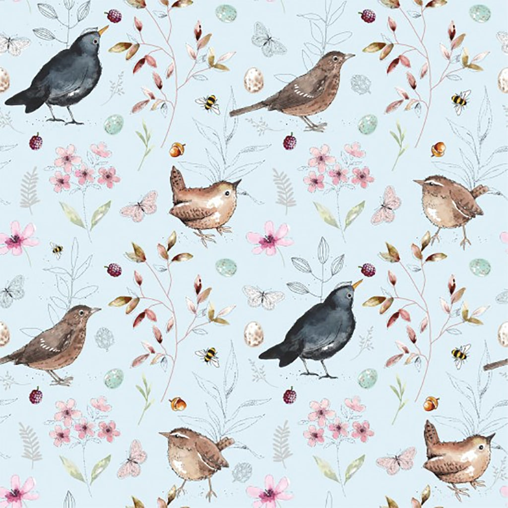 Premium Cotton Fabric - 'Bird Song' Birds Print on Blue - Craft Dress Fabric Material