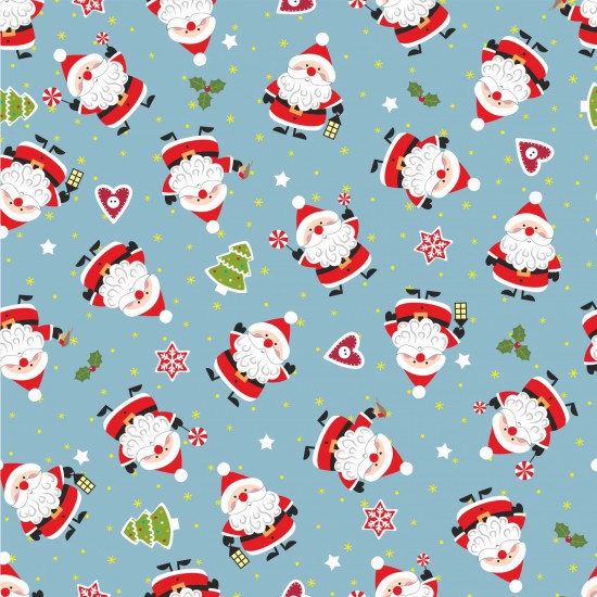 Nutex Fabric - Cute Little Santa & gold Stars on Blue - Christmas Craft Fabric Material