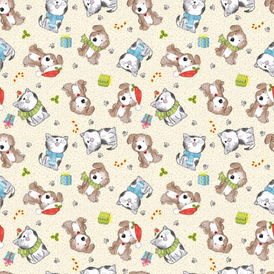 100% Cotton - Festive Cats & Dogs on Cream / Gold - Nutex Fabric - 112cm wide