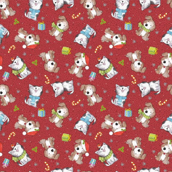 100% Cotton - Festive Cats & Dogs on Red / Gold - Nutex Fabric - 112cm wide