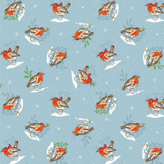 100% Cotton - Winter Wonderland Cute Robins on  Blue - Nutex Fabric - 112cm wide