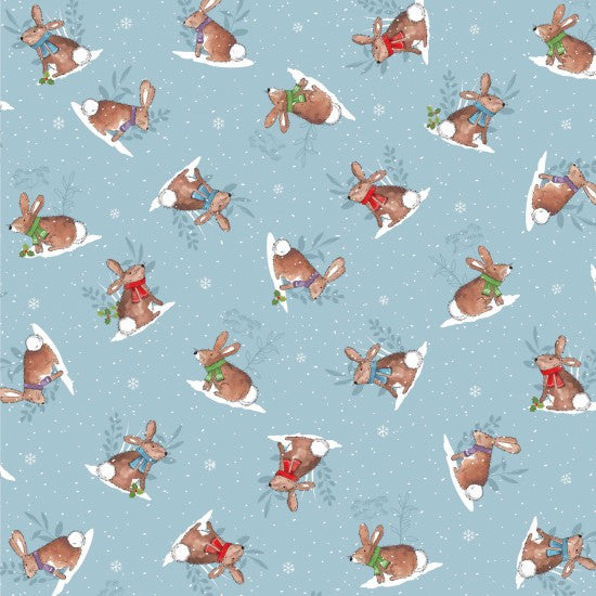 100% Cotton - Winter Wonderland Cute Bunny Rabbits on Blue - Nutex Fabric - 112cm wide