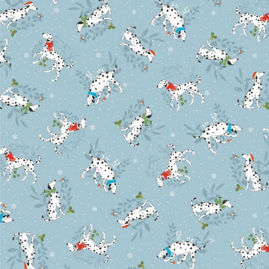 100% Cotton - Winter Wonderland Cute Dalmatian Dogs on Blue - Nutex Fabric - 112cm wide