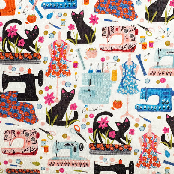 100% Cotton - Purrfect Stitches - Cute Cats & Sewing Machines - Nutex Fabric