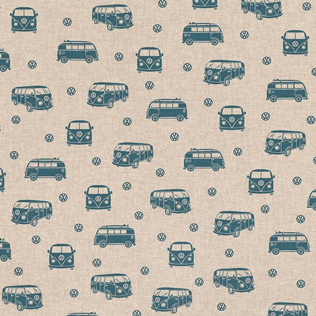 Linen Look Canvas Fabric - Blue Retro Camper Van Print - Upholstery Cushion Curtain Craft Fabric