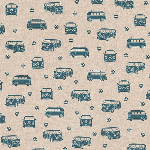 Linen Look Canvas Fabric - Blue Retro Camper Van Print - Upholstery Cushion Curtain Craft Fabric