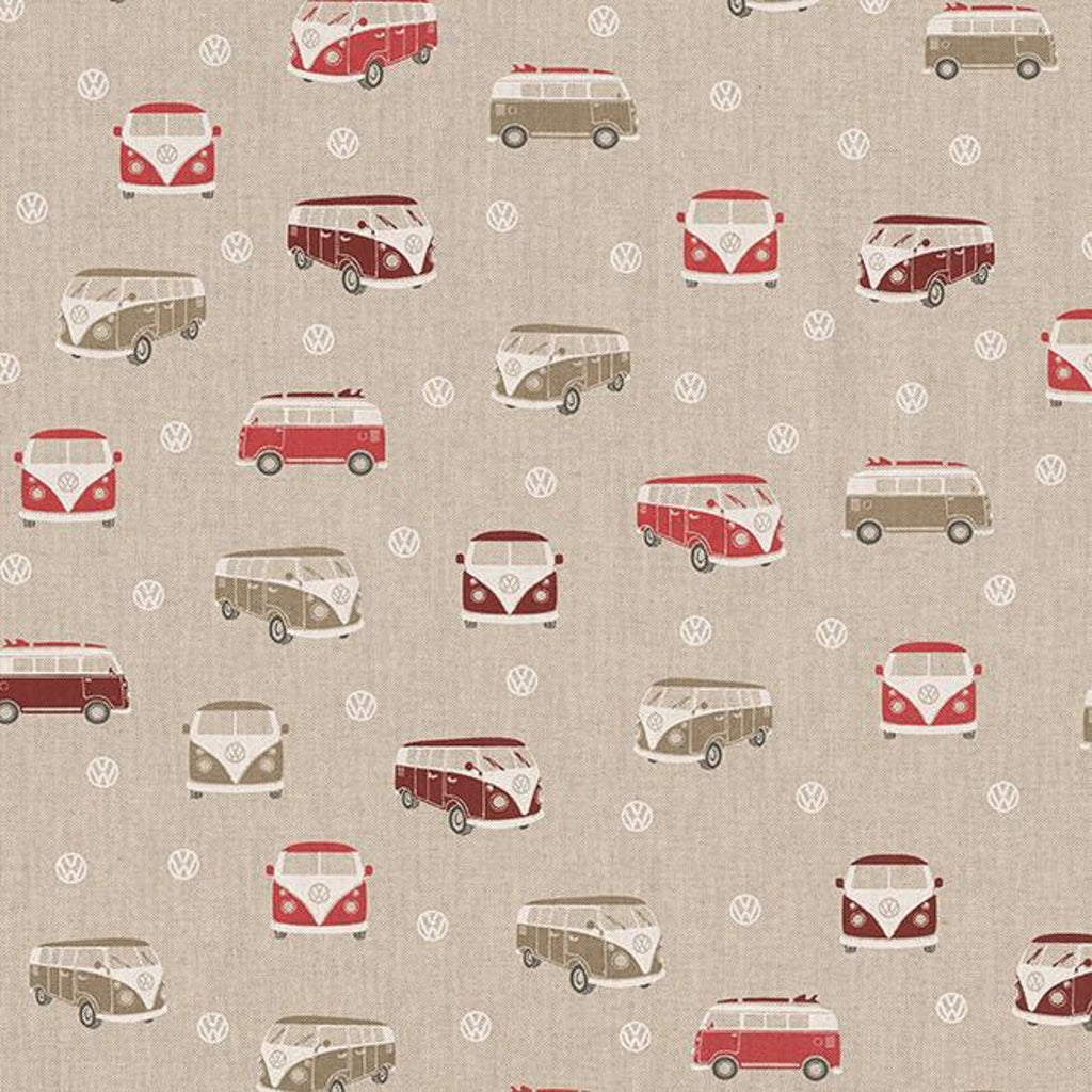 Linen Look Canvas Fabric - Red Retro Camper Van Print - Upholstery Cushion Curtain Craft Fabric