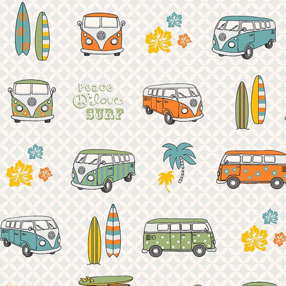 Linen Look Canvas Fabric - Retro Camper Van & Surf Board Print - Upholstery Cushion Curtain Craft Fabric