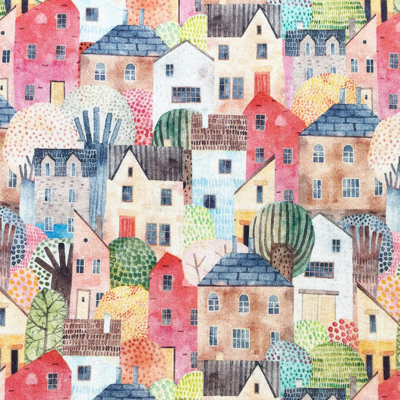 Cotton Fabric - Multi Colour Town Houses - Digital Print Craft Fabric