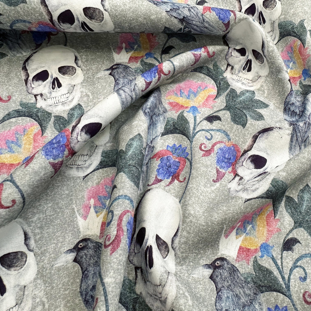 Cotton Fabric - Gothic Skulls & Black Ravens Halloween Print - Dress Craft Fabric Material
