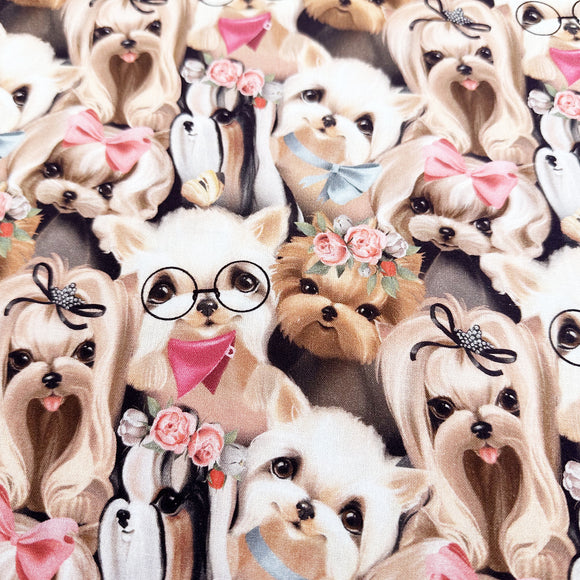 Cotton Fabric - Cute Pink Novelty Pooch Dog Puppies - Digital Print Craft Fabric