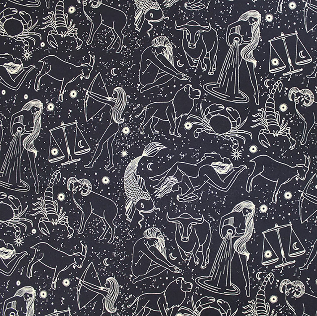 Digital Print Fabric - Astrology Horoscope Print on Black Fabric - 100% Cotton
