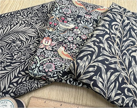 Fat Quarter Bundle - William Morris- Ebony Black - Bird floral Print Craft Fabric Material