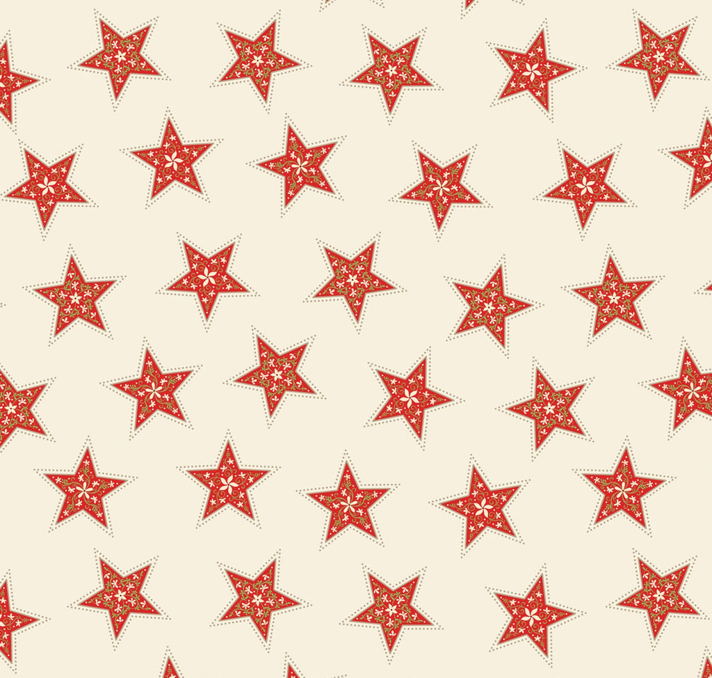 Lewis & Irene Quilting Fabric - 'Peace & Joy' Red Floral Stars on Cream