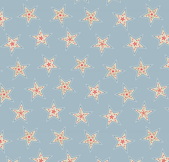 Lewis & Irene Quilting Fabric - 'Peace & Joy' White Floral Stars on Blue