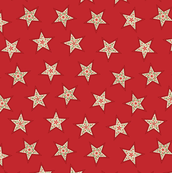 Lewis & Irene Quilting Fabric - 'Peace & Joy' White Floral Stars on Red