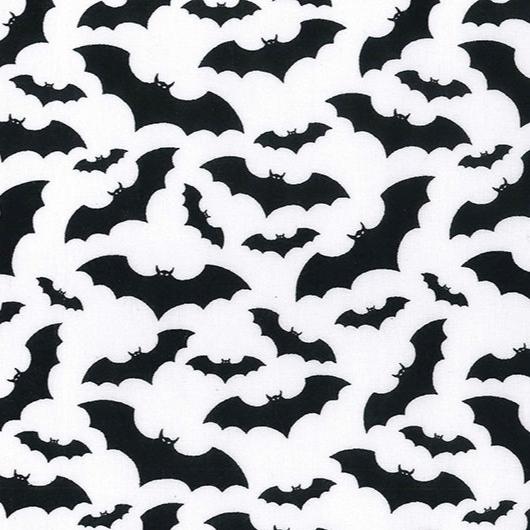 Halloween Fabric - Black Vampire Bats on White - Polycotton Craft Fabric Material