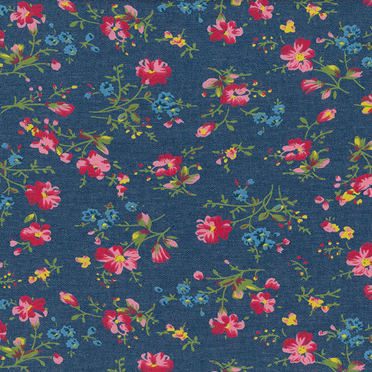 Cotton Denim Fabric - Pretty Pink Floral Navy Blue - Dress Fabric Material