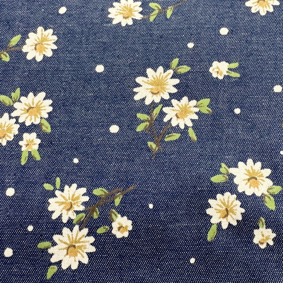 Cotton Denim Fabric - Pretty White Daisy Floral Navy Blue - Dress Fabric Material