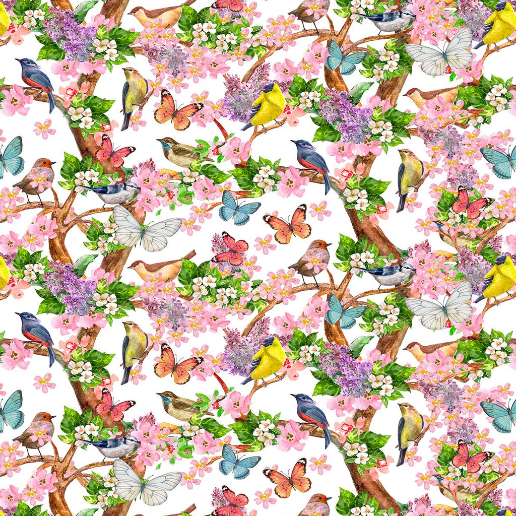 Cotton Fabric - Bird Song - Pretty Floral Bird Butterfly Print Craft Fabric Material