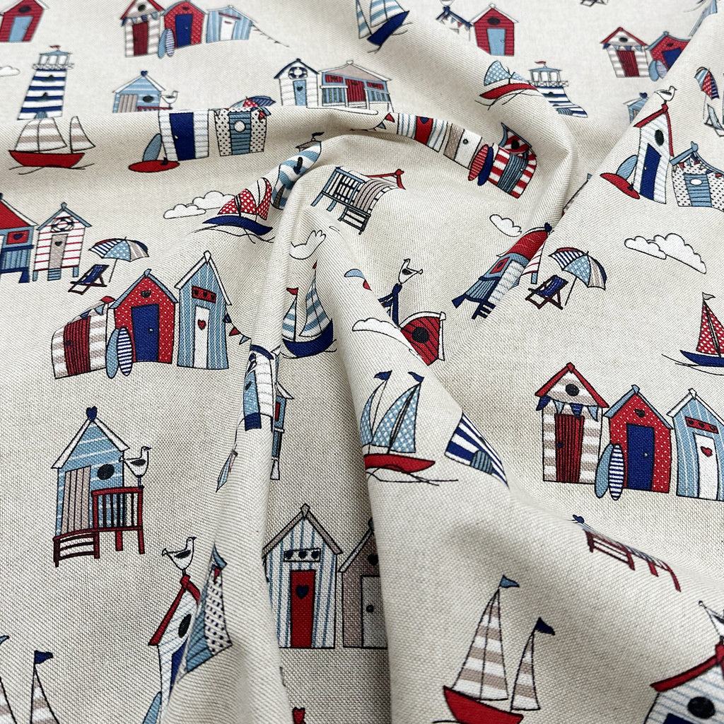 Canvas Fabric - Beach Huts Lighthouses Boats on NATURAL - Craft Fabric Material