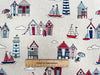 Canvas Fabric - Beach Huts Lighthouses Boats on NATURAL - Craft Fabric Material