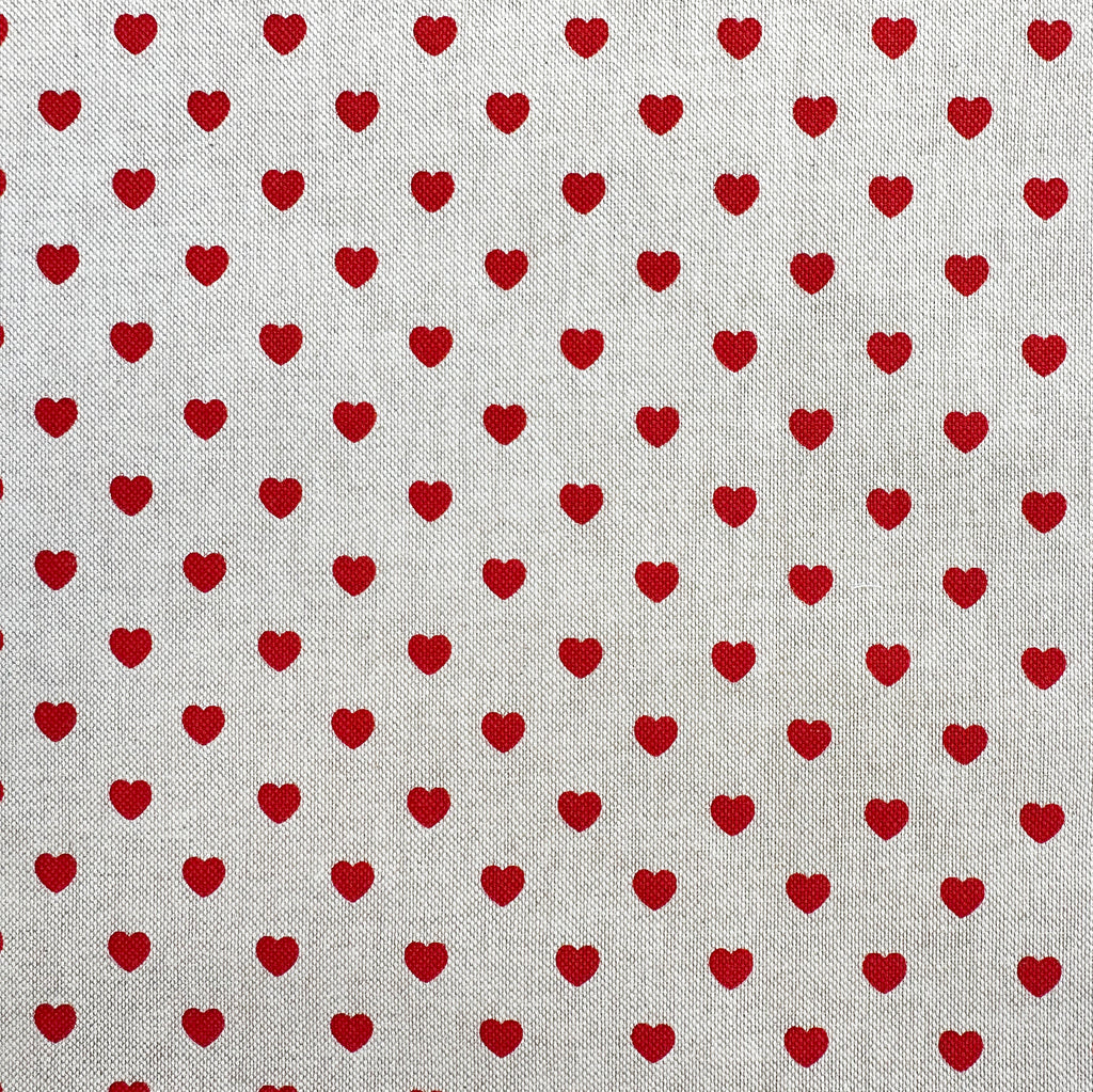 Linen Look Fabric - Red Love Hearts - Cotton Rich Canvas Craft Fabric