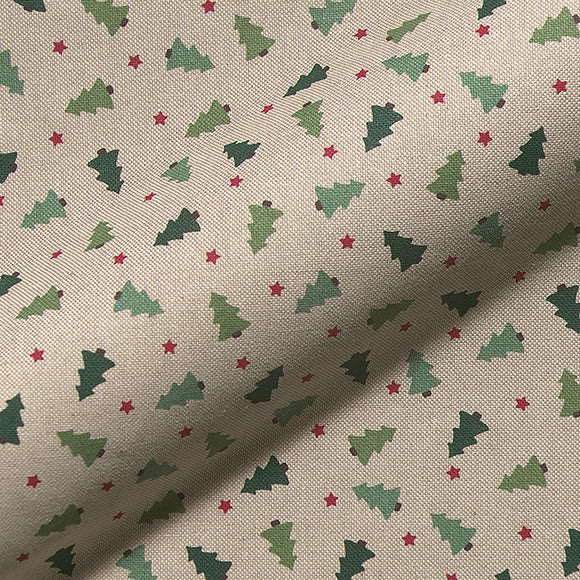 Christmas Linen Look Canvas Fabric - Trees & Red Stars on Natural - Craft Fabric Material