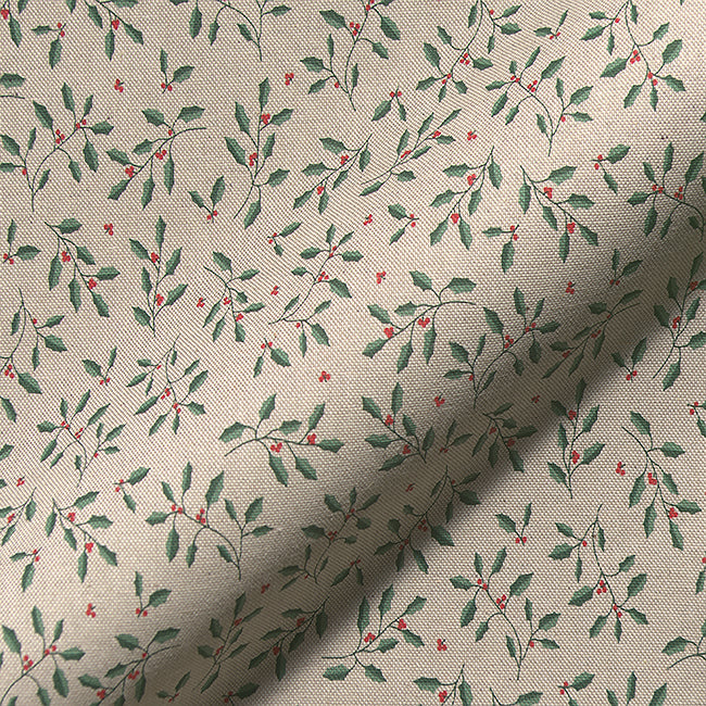 Christmas Linen Look Canvas Fabric - Holly Leaf & Berry on Natural - Craft Fabric Material