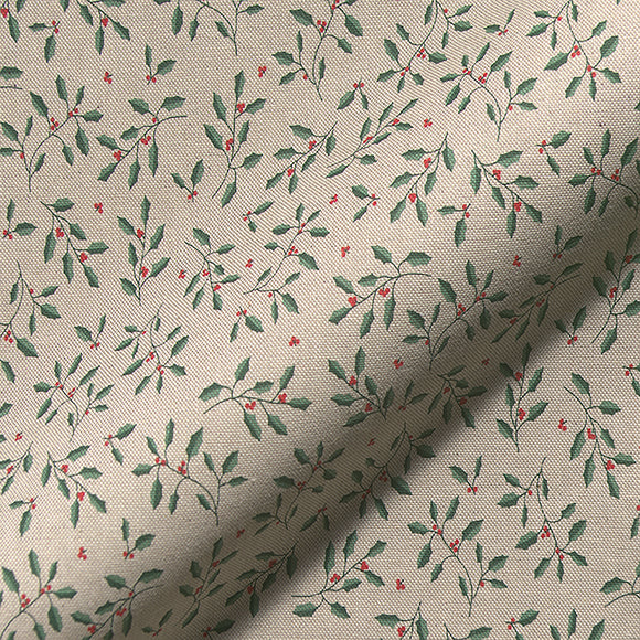Christmas Linen Look Canvas Fabric - Holly Leaf & Berry on Natural - Craft Fabric Material