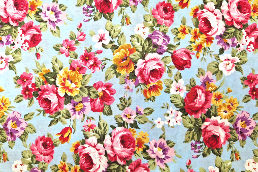 Cotton Poplin Fabric - Pink Vintage Roses on Sky Blue