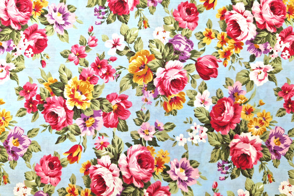 Cotton Poplin Fabric - Pink Vintage Roses on Sky Blue
