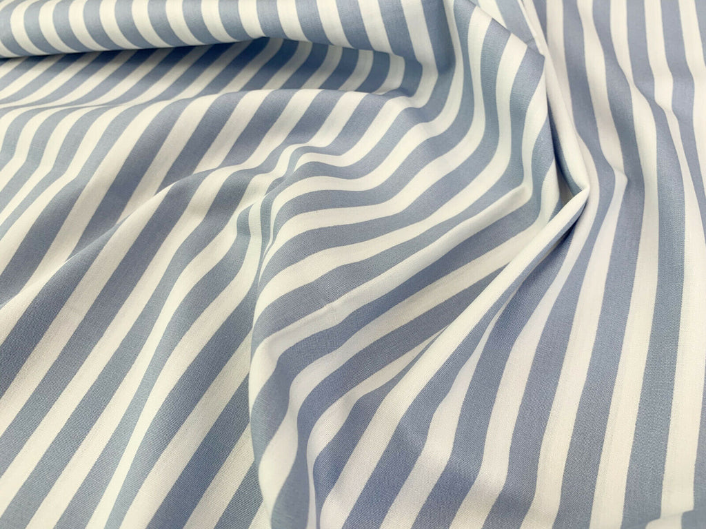 100% Cotton Poplin - White Stripes on Pale Blue (CP0080PaleBlue)