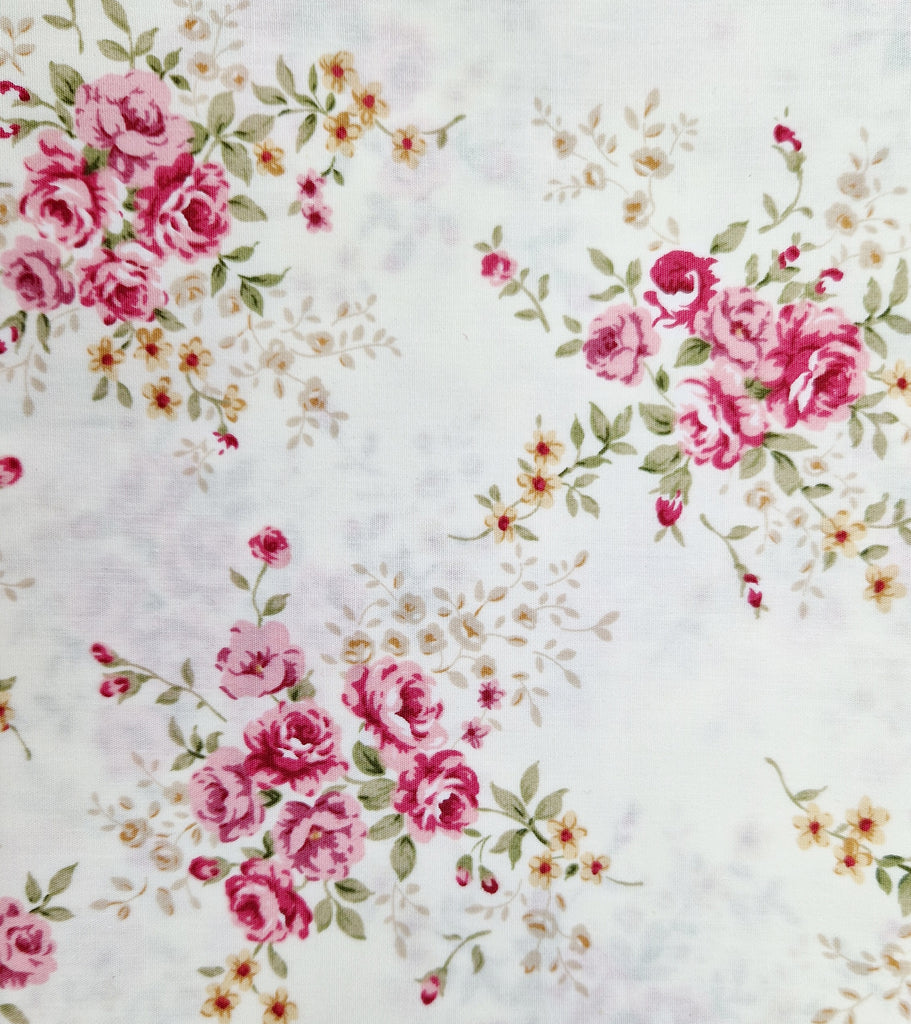 Cotton Poplin Fabric - Pink Country Roses- Ivory
