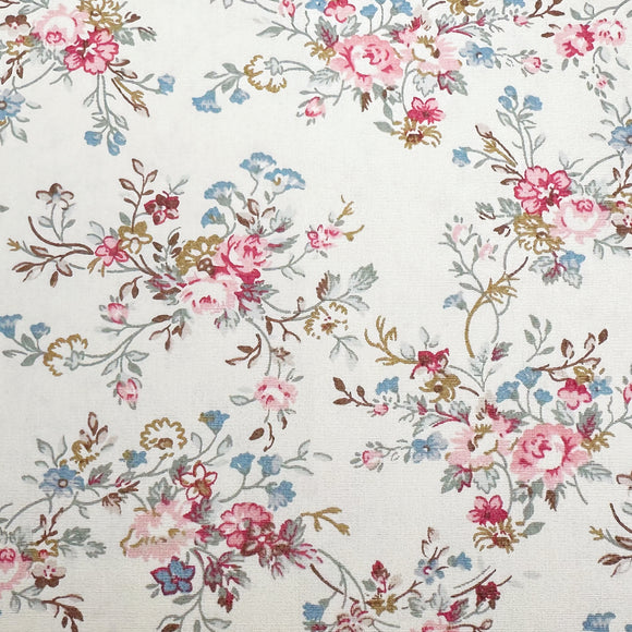 100% Cotton Poplin - Pink Rose Blossom on Ivory